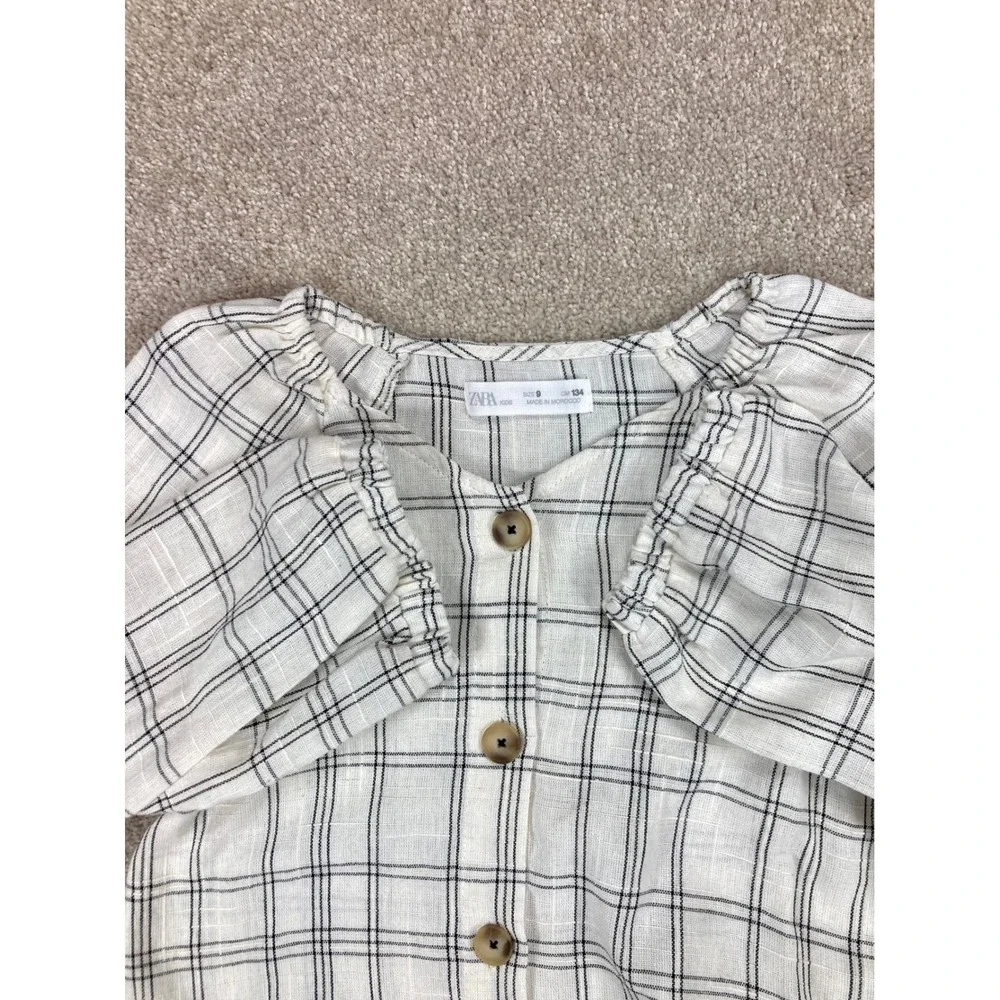 Zara Kids Plaid Blouse Size 9 Cream Black Button Front Elastic Hem Cottagecore